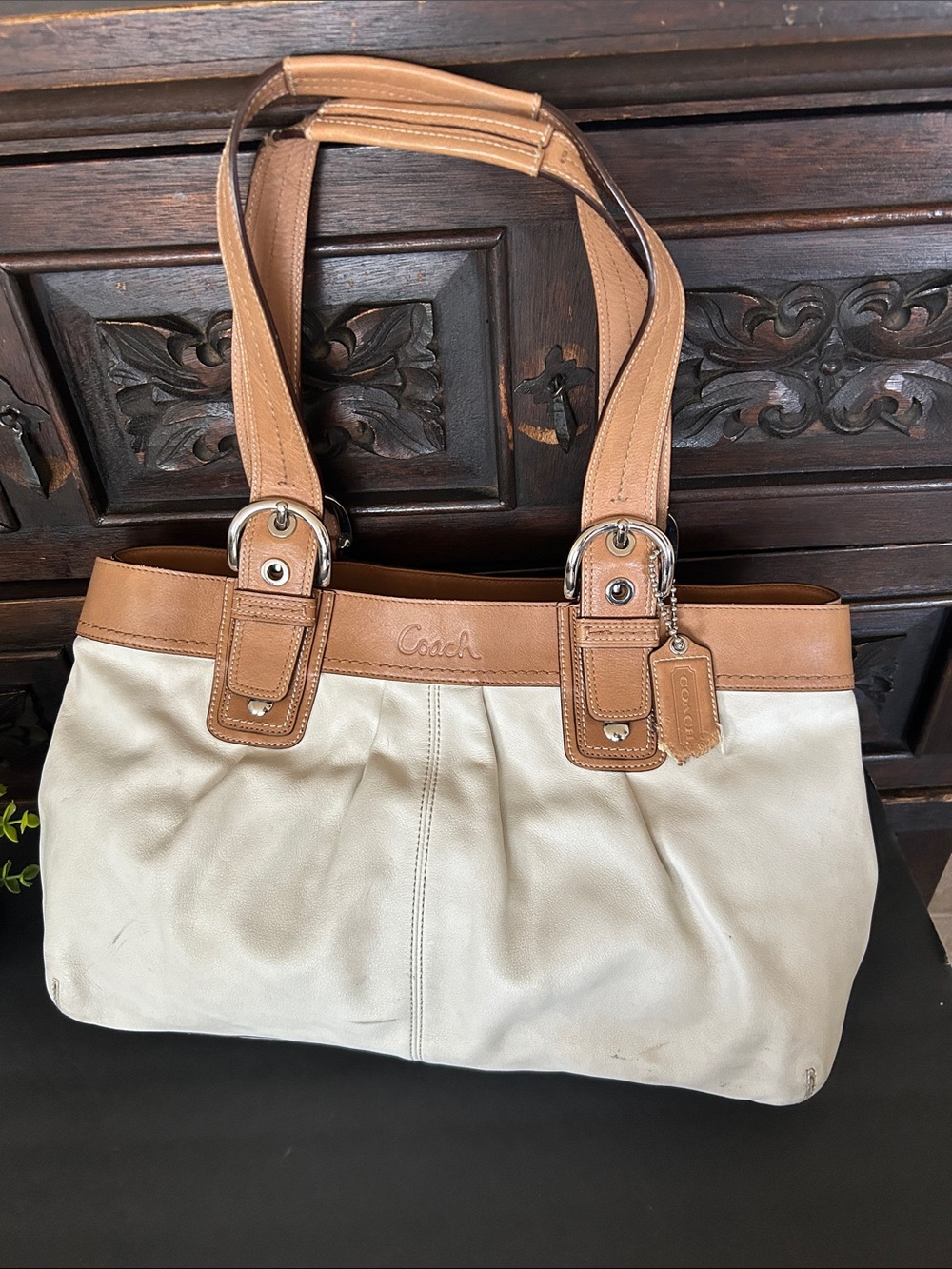 Coach Cream Canvas Shoulder Bag with Tan Leather Trim